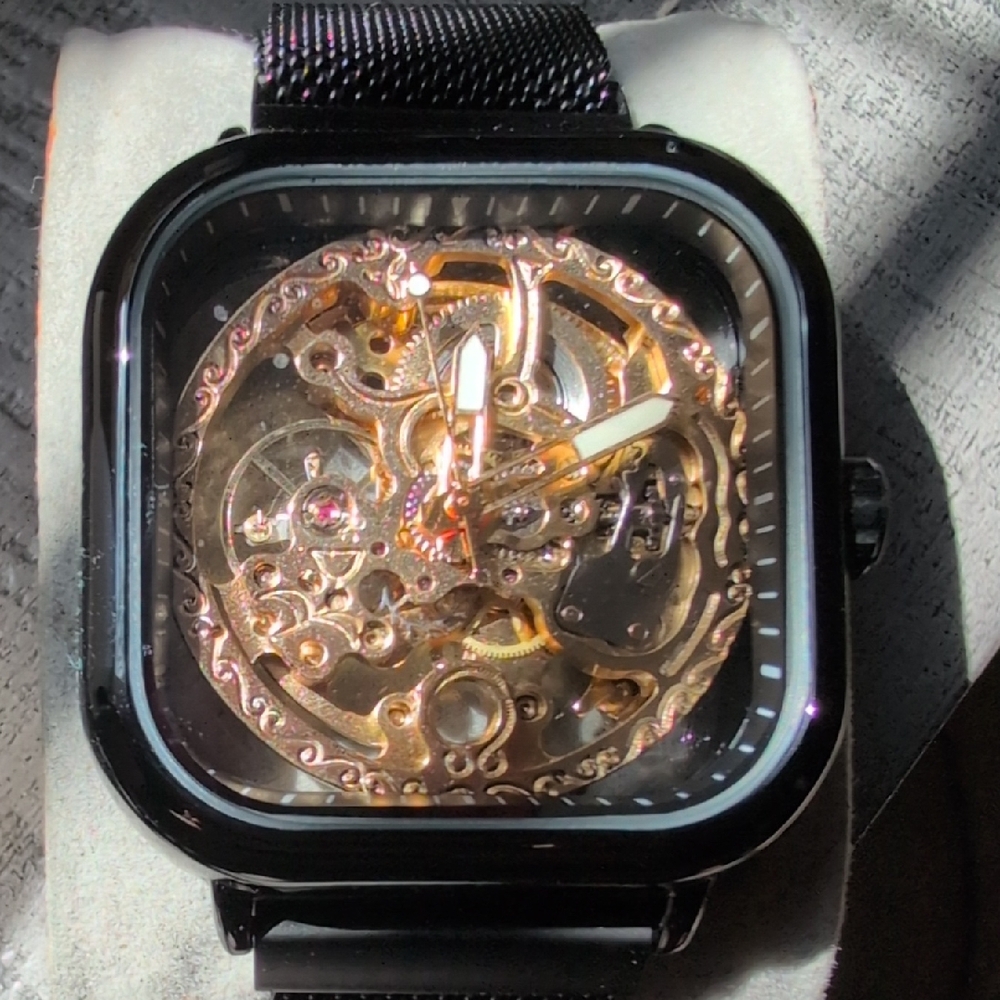Black Skeleton Mechanical Smart-Style Watch with Rose Gold Movement
